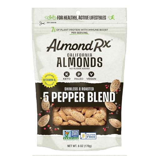 Image of AlmondRx | Heart Healthy Skinless Lightly Salted California Almond Snack Packs | Fortified with Vitamin D | Plant Protein | Keto | Vegan | No Sugar Added (6 Ounce (Pack of 1), 5 Pepper Blend)