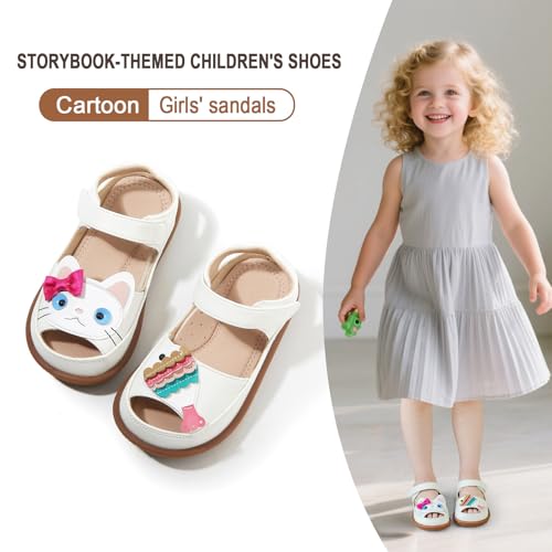 Toddler Girl Sandals with Kitten Fishing Pattern, Little Girls Closed Toe Sandals, Breathable Leather Kids Summer Shoes Ages 2-7 (White, Toddler, 7)2