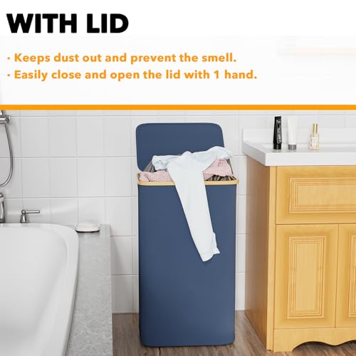 SpaceAid Laundry Hamper with Lid, 110L Large Tall Clothes Basket Bin with Bamboo Handles, Collapsible Laundry Hamper for Bedroom, Bathroom, Dorm, Laundry Room - Blue