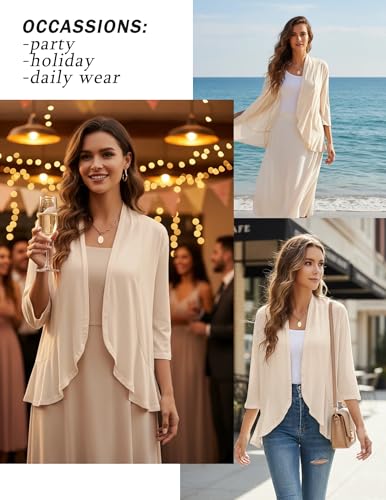 Image of Yekaty Women Cardigan 3 /4 Sleeves Open Front Lightweight Cardigan Draped Ruffles Knit Cardigan