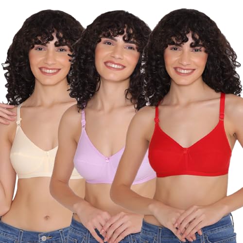 Image of INKURV Cotton Hosiery Bra for Women's Daily use, Full Coverage Bra for Regular wear, Non Padded, Non Wired Everyday Bra with Rich Cotton-Zoe Combo of 3