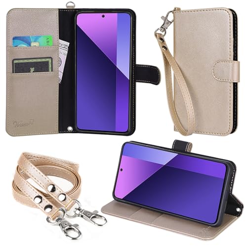 wisers Xiaomi Redmi Note 13 Pro 5G ケース 手帳型 スマホケース 対応 (ゴールド) ストラップ 2種付き (ハンドストラップ/ネックストラップ) 2024年 新型
