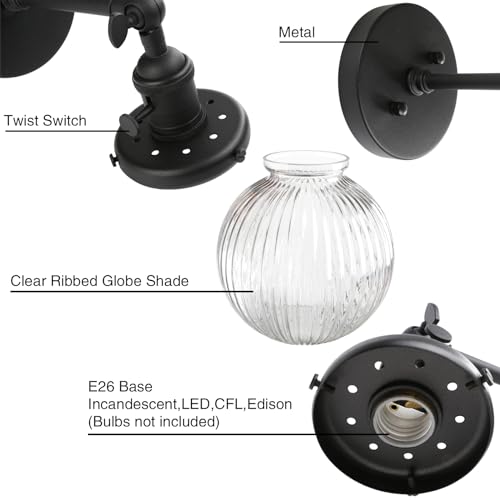 Image of PERMO Vintage Industrial Wall Sconce Matte Black Single Wall Sconces with 5.9 inch Round Clear Globe Ribbed Glass Shade Hardwired Wall Light for Bedroom Livingroom Office