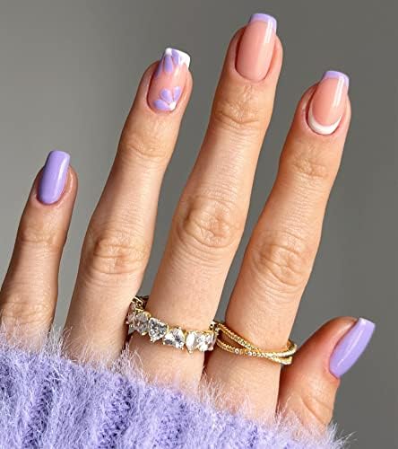 Aegenacess 24pcs Press on Nails Medium Square Fake Nail Glossy False Nails with Designs Pink Nails Art Tips Sets Short Full Cover Short Press ons Stick Finger Manicure for Women and Girls (Purple Flower French)