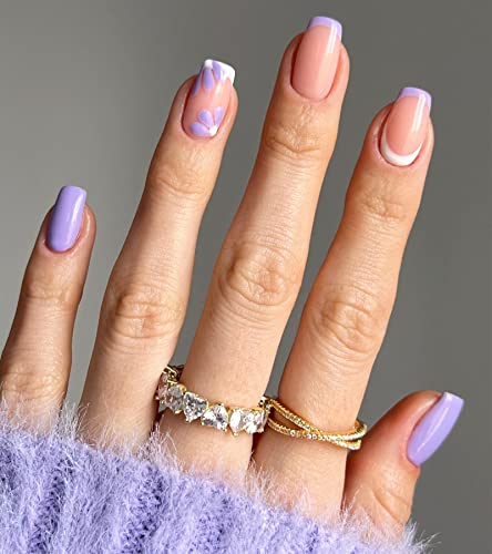 Aegenacess 24Pcs Press On Nails Medium Square Fake Nail Glossy False Nails With Designs Pink Nails Art Tips Sets Short Full Cover Short Press Ons Stick Finger Manicure For Women And Girls (Purple Flower French) #TOP22