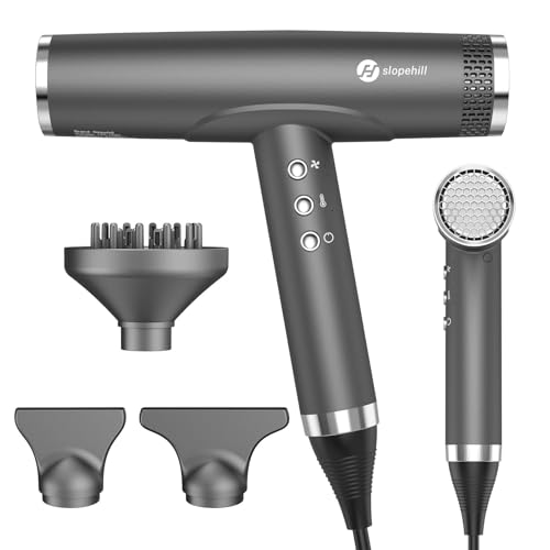 slopehill Professional Ionic Hair Dryer with Diffuser - Lightweight, Compact, Powerful & Fast Salon Blow Dryer with High Speed Brushless Motor for Travel, Women & Men (Ceramic, Black)