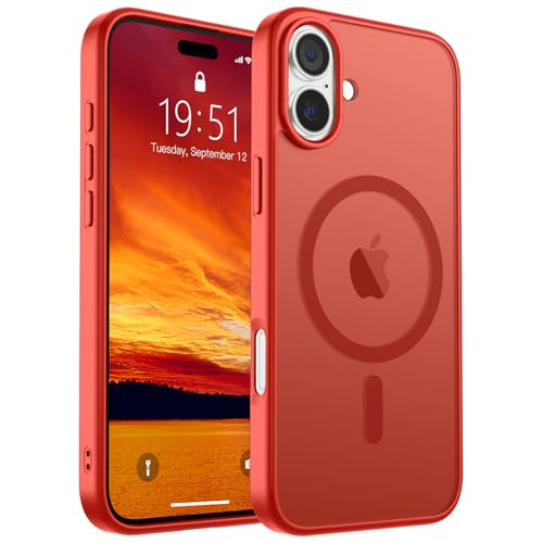 Image of SUPFINE Magnetic for iPhone 16 Case (Compatible with MagSafe) (Military Grade Drop Protection) Slim Translucent Matte Shockproof Phone Cover,Red