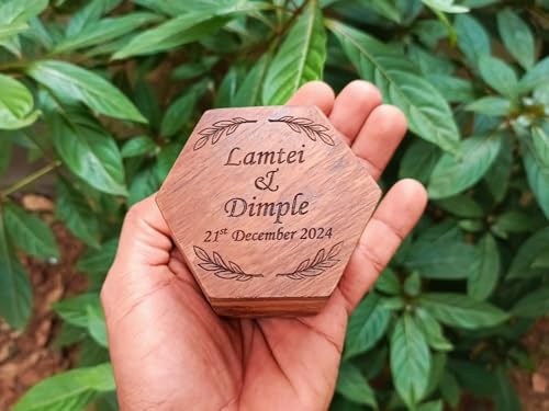 Image of Custom Engraved Hexagonal Wooden Ring Box for Wedding Ceremony, Hexagonal Solid Wood Wedding Ring Holder
