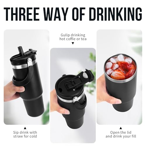Image of MaxSip 890ml Car & Desk Mug | Double Action Lid - Flip Top & Straw | Stainless Steel 304 | Vacuum Insulated Tumbler | Black Travel Mug (Dual lid)