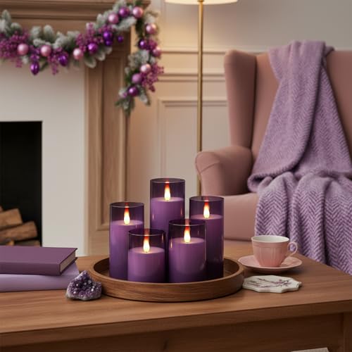 Image of Homemory Purple Flickering Flameless Candles, Battery Operated Acrylic LED Pillar Candles with Remote Control and Timer, Purple Decor, Set of 5