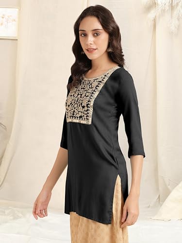 Image of MIRCHI FASHION Women's Straight Fit Rayon Sequins Embroidered and Polka Dots Printed Kurti Only