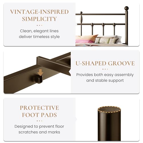 Image of SHA CERLIN King Size Metal Platform Bed Frame with Victorian Vintage Headboard /Under Bed Storage /No Box Spring Needed /Easy Assembly /Noise Free /Mattress Foundation /Gold
