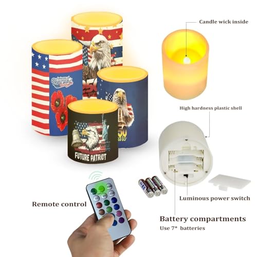 Image of 4 Pieces Flickering Flameless Candles American Flag Theme 250 Years Celebration of July 4th Independence Day LED Candles Battery Operated Color Changing Timer Remote Pillar Candles