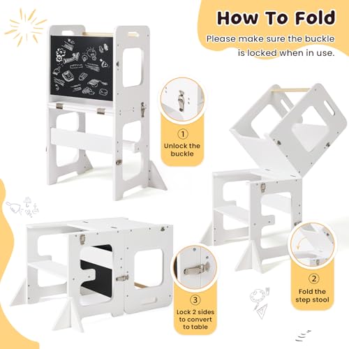 Image of labebe Toddler Standing Tower for 12M+, Montessori Foldable Learning Standing Tower with Blackboard, Anti-tip Structure Design,Wooden Kitchen Step Helper Stool for 1-3 Year Old Boy Girl Gift