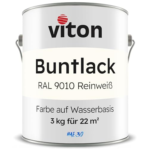 Buntlack von Viton - 3 kg Weiss - Seidenmatt - Wetterfest für Außen und Innen - 2in1 Grundierung & Lack - HAE 30 - Nachhaltige Farbe auf Wasserbasis für Holz, Metall & Stein - RAL 9010 Reinweiss
