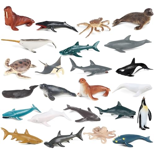 AAGWW ミニ海洋動物 リアルな海洋動物の模型 ミニサメ イルカ カニ ペンギン セット クリスマス 新年のギフト 子供 おもちゃ(デザイン:リアルな海洋動物の模型,合計24種スタイル)