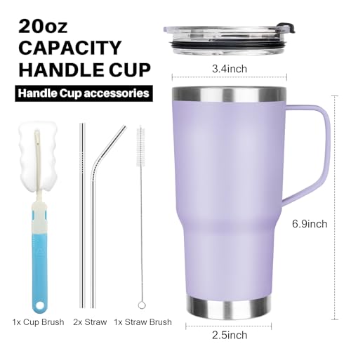 Image of 20 oz Tumbler with Handle, Stainless Steel Insulated Tumbler with Lid and Straw, Double Wall Vacuum Coffee Mug Tumbler, Insulated Coffee Thermal Cup for Cold and Hot (Light Purple)