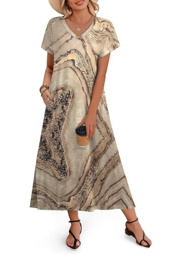 Image of Zeagoo Women Summer Floral Dress Short Sleeve Beach Dress with Pockets Casual V-Neck Split Long T-Shirt Dress Travel Vacation