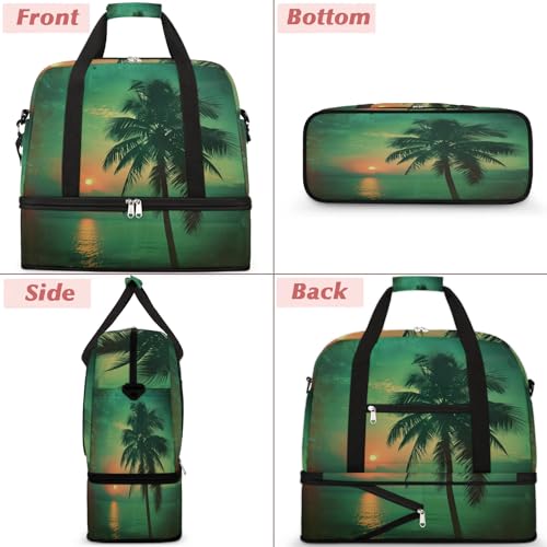 Travel Duffel Bag with Shoe Compartment, Vintage Tropical Sunrise Shoulder Weekender Bags for Women, Foldable Waterproof Travel Bag Carry on Bag3