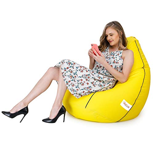 Image of Sattva Classic XL Bean Bag Filled with Beans | Premium Leatherette Bean Bag for Adults & Kids | Comfortable Seating for Bedroom, Lounge, Study Room & Living Room - Yellow with Navy Blue Piping