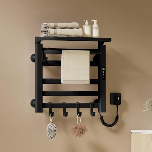 EMKE Toallero Eléctrico Baño 500 x 500 mm, Negro, 140W, Radiador toallero eléctrico con Estante y Ganchos, Temperatura Ajustable 30-70°C, Función Temporizador&Memoria,Toallero electrico