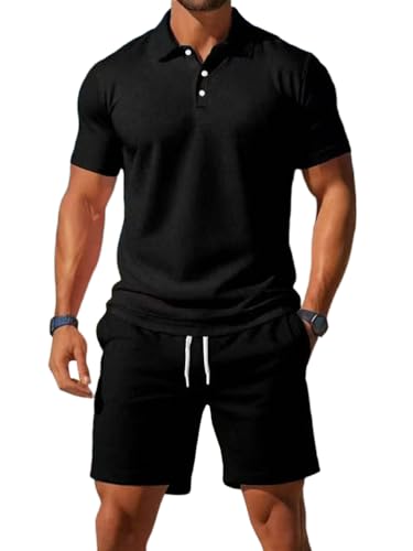 Oanviso Ensemble Homme Survêtement 2 Pièces Tee Polo Shirt En Short Casual Tracksuit Jogging Décontracté Pour L'Été A Noir M