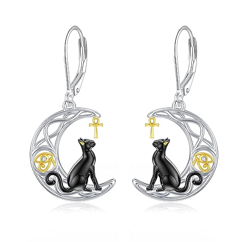 Pendientes de gato Mujer Plata 925 Pendientes de gato Bastet egipcio Regalos de joyería de gato negro