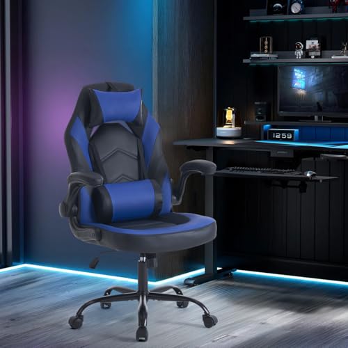 Image of Sweetcrispy Ergonomic Gaming Desk Chair - Computer Video with Comfy Lumbar Support and headrest, PU Leather with Flip-up Arms, Adjustable Height and Swivel Wheels, Home and Office, Blue