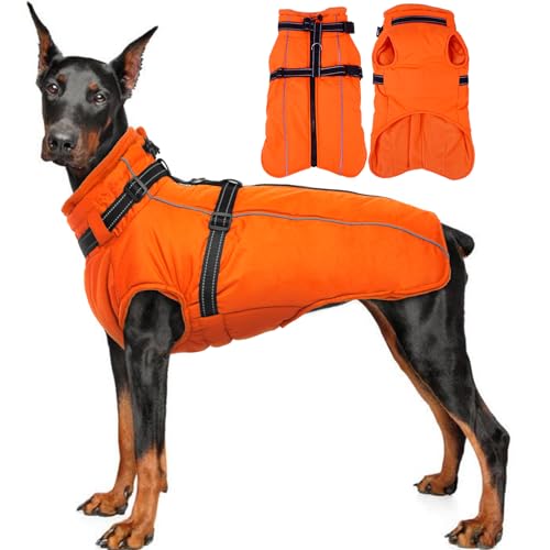 Lelepet Large Dog Coat With Harness - Warm Waterproof Fleece Jacket, Winter Reflective Vest Snow Suit for French Bulldog Orange L