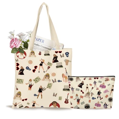 NOOMII Music Lover ToteBag 2pc Canvas Reusable Grocery Shopping Bag Singer SupportGifts Womens Birthday & Graduation Gift