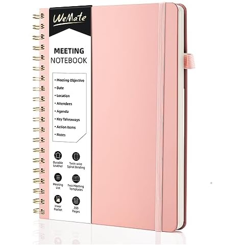 WEMATE Simplified Meeting Notebook for Work with Action Items 200 Pages, Office Supplies for Note Taking, Keep Agenda Organized, PU Leather Meeting Notes Notebook for Work (10" × 7") - Rose Gold Cover