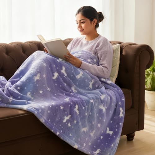 Image of Famyo Glow in The Dark Winter Blanket | Soft & Cozy Flannel Fleece Throw | Blanket for Winter Double Size, | Perfect All-Season Warm Blanket for Double /Queen Bed (Purple Unicorn, 200x152 cm)