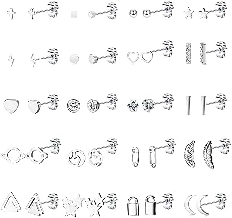 DOLOTTA 20 Pairs Surgical Steel Stud Earrings Set for Women Dainty Earrings Small CZ Heart Moon Star Geometric Stud Earrings Tiny Stud Earrings for Women