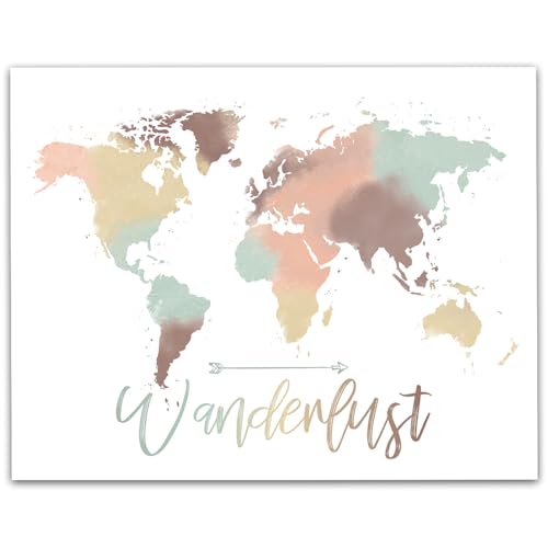 Wanderlust World Map 11x14 Unframed Print – Watercolor-Style Soft Pastel Art for Living Rooms, Bedrooms, Offices, Airbnbs, Gallery Walls – Inspires Travel, Adventure & Cultural Appreciation