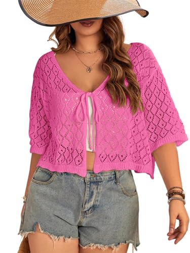 Image of Women's Plus Size Crochet Cardigan Crop Short Sleeves Tie Front Lightweight Knitwear