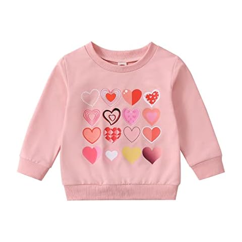 Guodeunh Toddler Baby Girl Valentine's Day Outfit Cute Long Sleeves Shirt Heart Print Pullover Sweatshirt Spring Clothes, Pink, 6-12 Months Cover