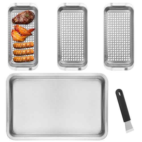 Biugaaufai 5 Pack Stainless Grill Basket Set, 16.6 x 11.1 Inch Outdoor Grill Basket with Clip-on Handle, Grill Pans for Outdoor Grill, Griddle Accessories for Camping, Picnic,BBQ