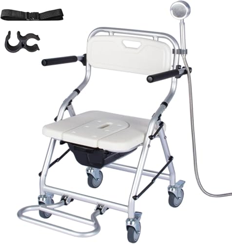 Cómoda De Ducha Silla De Ruedas Sillas De Baño Inodoro con Ruedas Plegables para Personas Mayores, Silla De Transporte Junto Cama De Aluminio con Ruedas Y con Cómoda Extra Grande