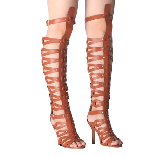 Image of Hanfike Knee High Sandals for Women Gladiator Cut Out Summer Roman Boots