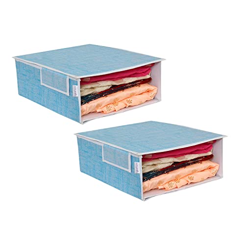 Image of PrettyKrafts Stackable Fabric Saree Storage Organizer for wardrobe, Clear front window with Lid, Stackable organizers, Perfect to organize sarees in a wardrobe, Set of 2, JuteBlue
