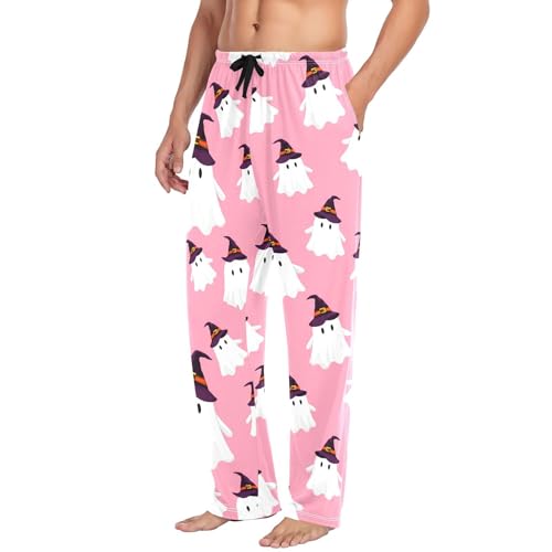 White Spirits Pattern Men's Cotton Pajama Pants with Pockets and Drawstring Comfortable and Stylish,S4
