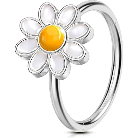 OUFER Nose Rings Hoops, 316L Surgical Steel Hinged Segment Nose Rings 20G, Silver Nose Rings with Cute Daisy Design, Nose Nostril Piercing Jewelry for Women and Men Cover