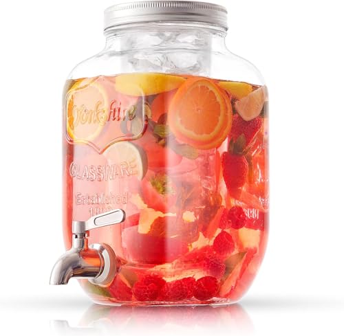 Image of PrimeWorld 1Pc 5 LTR Glass Water Beverage Dispenser - Air Tight Lid Glass Pitcher for Detox Water - Mason Jar - Counter Table Top Juice Water Beer Dispenser for Home & Kitchen Restaurant Party