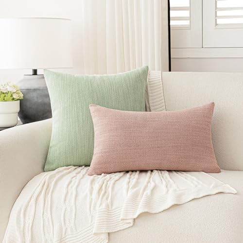 Image of Foindtower Set of 2 Decorative Textured Burlap Linen Throw Pillow Covers Farmhouse Boho Lumbar Cushion Cover Solid Accent Pillowcase for Couch Sofa Bed Living Room Home Decor,12x20 Inch,Dusty Pink