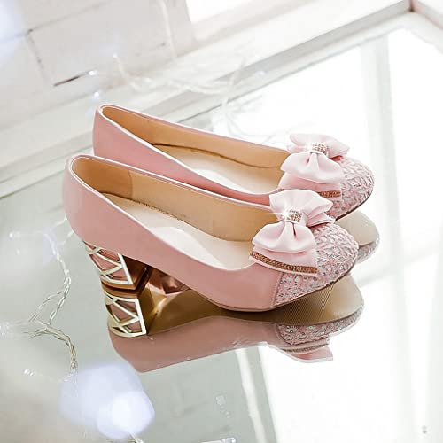 MIOKE Women's Fashion Bowknot Chunky Block Heel Pumps Pointed Toe Sequins Slip-On Comfort Party Dress Shoes2