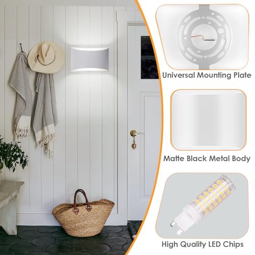 Image of Wall Sconces Set of 2 - Up and Down White Hardwired Interior Wall Lights for Living Room, Bedroom, Hallway. White 6000K with G9 Bulbs.
