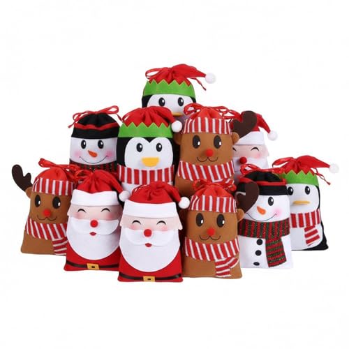 Hemoton 12pcs Christmas Drawstring Gift Bags, Reusable Xmas Wrapping Treat Bags Christmas Party Favor Pouch Goody Sweet Treat Candy Bags for Holiday Goodie Cookie gift giving, Snowman Santa Claus Elk Penguin