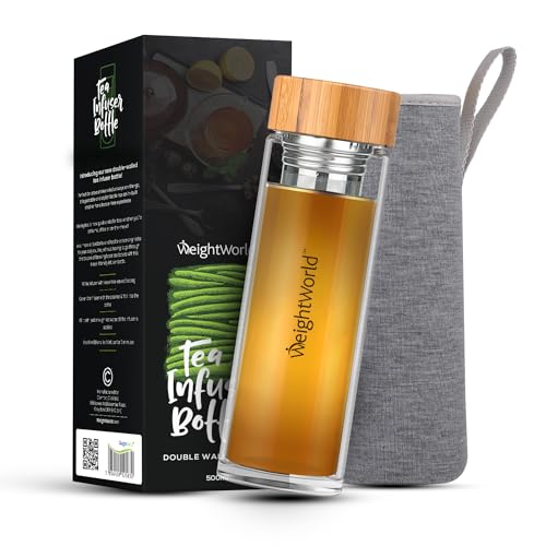 Borraccia con Infusore Termica per Tisane Calde Fredde con Custodia, Borraccia Vetro Antiperdite + Infusore per Tisane Acciaio Inox, Borraccia Trasparente con Infusore Tisane, Borraccia Motivazionale