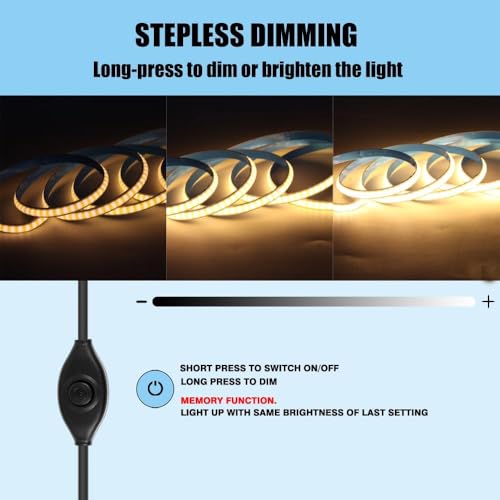 Image of USB Type-C Powered 1M /3.28Ft 5V COB LED Strip Light with Dimmer of Memory Function,Warm White 2700K,640LEDs,Flexible Tape Light for TV Monitor Backlight,Mirror,Cabinet,Wardrobe,Cupboard DIY Lighting
