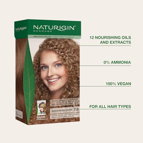Image of Naturigin Permanent Hair Color, 7.0 Medium Blonde, Ammonia Free, 100% Gray Coverage, Nourishing Natural Formula, For All Hair Types, Long-Lasting, Vegan & Cruelty-Free, 1 Pack